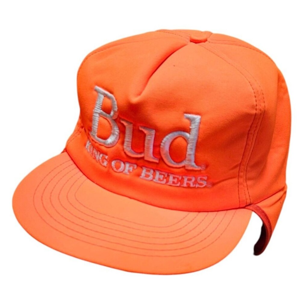 Vintage Bud King Of Beers Hat Hunter Orange Ear Flaps 5 Panel Stylemaster Cap Lg